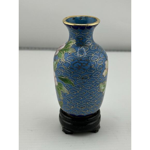 Vintage Mini Chinese Enameled Cloisonne Vase w/ Stand 3 inch Blue PinkFloral - Picture 5 of 8